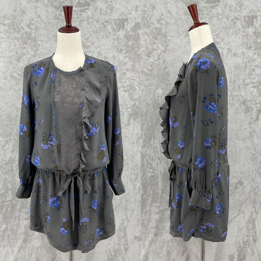 Rebecca Taylor Gray Floral 100% Silk Belted Mini Dress Tunic Ruffle